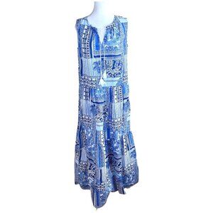 J. McLaughlin Maxi Dress Blue White Tropical Patchwork Cotton Christa (M)